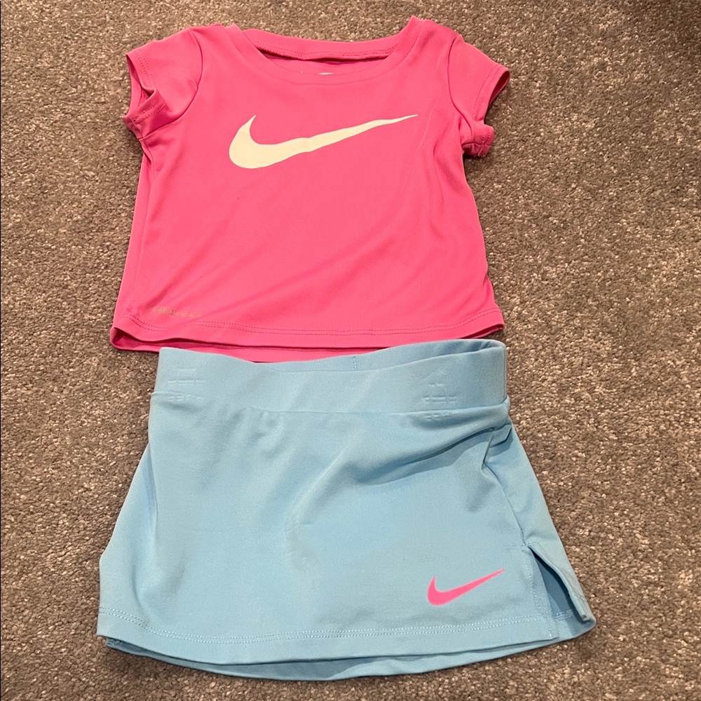 Nike Vibrant Pink Top and Light Blue Skirt Set